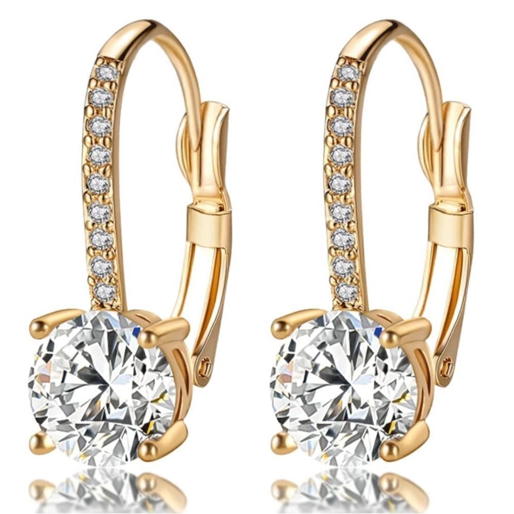18K Yellow Gold with White Diamond Cubic Zirconia Leverback Dangling Earrings